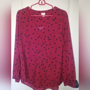 Merona (Target) Long Sleeve Cranberry with Navy polka dots blouse XL